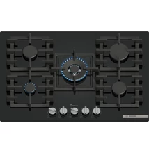 Bosch PPQ7A6I40 Serie6 gázfőzőlap, 75 cm, fekete edzett üveg, FlameSelect ,WOK égő, öntöttvas edénytartó rács