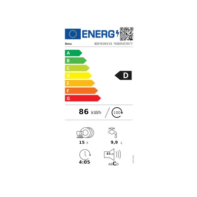 Beko BDIN36535 beépíthető mosogatógép, 15 teríték, inverter motor, SelfDry automatikus ajtónyitás, 9,9 l vízfogyasztás, LedSpot padlójelzés, 3. evőeszköz tálca,