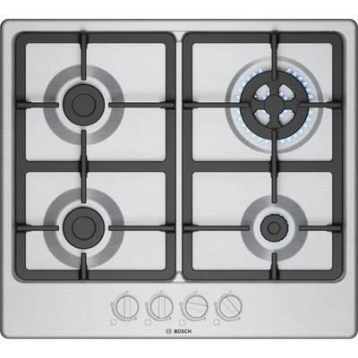 Bosch PGH6B5K90 Serie4 nemesacél gázfőzőlap, 4 gázégő , WOK égő,  elektromos szikragyújtás 