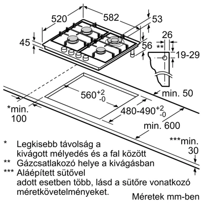 Bosch PGH6B5K90 Serie4 nemesacél gázfőzőlap, 4 gázégő , WOK égő,  elektromos szikragyújtás 