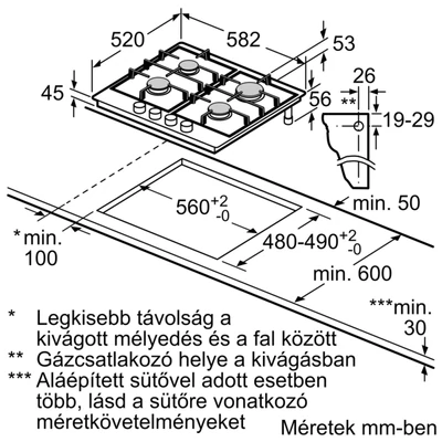 Bosch PGP6B5K60 nemesacél gázfőzőlap, 60 cm, elektromos szikragyújtás 