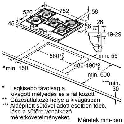 Bosch PPQ7A6I40 Serie6 gázfőzőlap, 75 cm, fekete edzett üveg, FlameSelect ,WOK égő, öntöttvas edénytartó rács