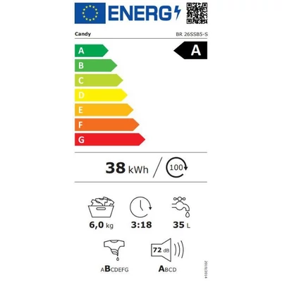 CANDY BR 26SSB5-S szabadonálló mosógép, 6 kg, fehér, 16 program, Szé x Mé x Ma (mm) 595x420x850