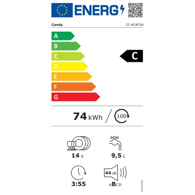 CANDY CI 4C4F1A Mosogatógép, Teljesen integrált, 14 teríték, C energiaosztály, Távezzérlés és extra tartalom (WiFi), M x M x S (mm) 597x555x818