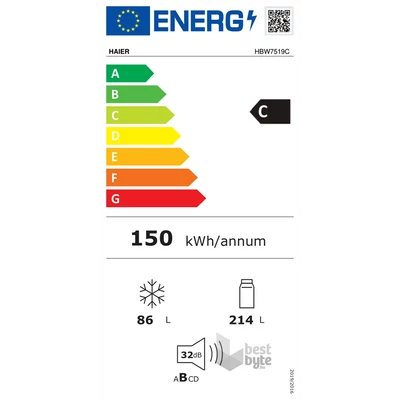 Haier HBW7519C alulfagyasztós hűtőszekrény , XL magasság. LED, C energiaosztály 