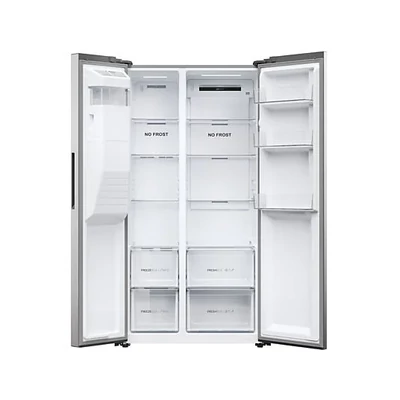 Haier HSR3918 Side by Side, szabadon álló, No Frost, világítás LED, energiaosztály E, platina inox, M x M x S (mm) 908x659x1775