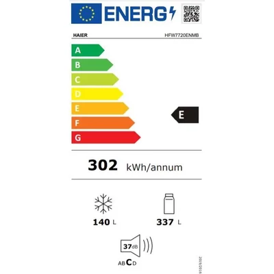 Haier HFW7720ENMB Francia ajtós hűtőszekrény, szabadon álló, 4 ajtós, No Frost, világítás LED, energiaosztály E, fekete, M x M x S (mm) 700x675x2006