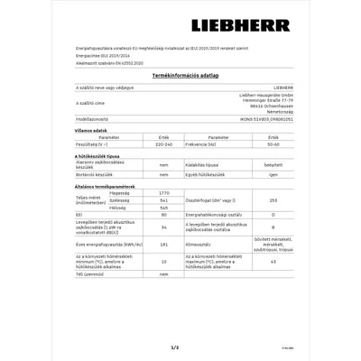 Liebherr IKGNS 51Vd03 Pure NoFrost beép.hűtő 177cm alulfagyasztós