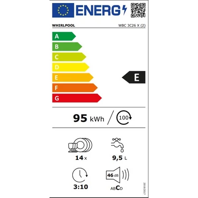 Whirlpool WBC3C26X félig integrált mosogatógép, Inox, 60 cm