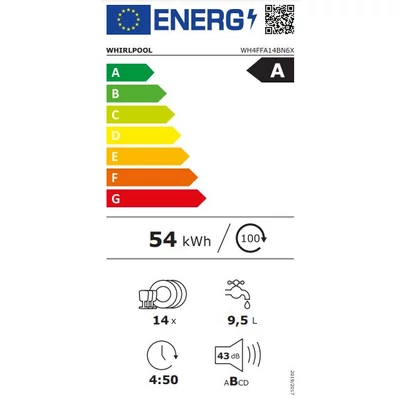 Whirlpool WH4FFA14BN6X szabadonálló mosogatógép, 14 teríték, A energiaosztály, inox