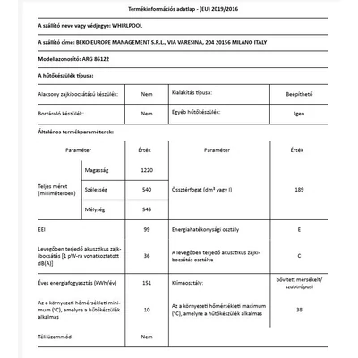 Whirlpool ARG86122 beépíthető hűtő 122cm 