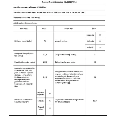 Whirlpool FFB 7269 WV EE szabadonálló elöltöltős mosógép 7,0kg