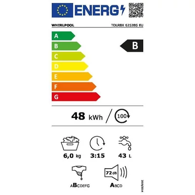 Whirlpool TDLRBX 6252BS EU felültöltős mosógép, Inverter motor, 6kg, 1200 ford/perc, B energia osztály, 40x60x90