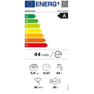 Whirlpool WAM76WBEE keskeny elöltöltős mosógép, 7kg,  1 400 ford/perc, 15 program,  49,6 x 84,5 x60 cm 