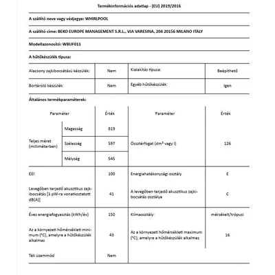 Whirlpool WBUF011 pult alá építhető hűtő
