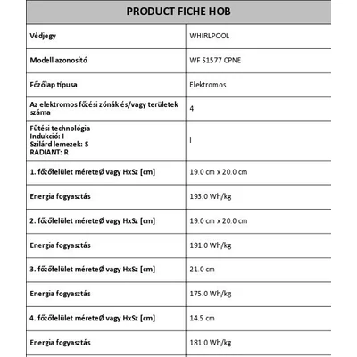 Whirlpool WFS1577 CPNE indukciós főzőlap 77cm CleanProtect
