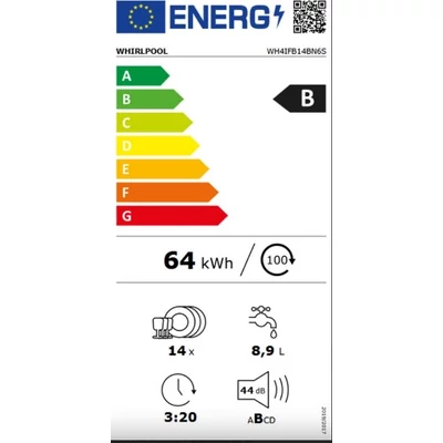 Whirlpool WH4IFB14BN6S beépíthető mosogatógép, B energiaosztály, 14 teríték