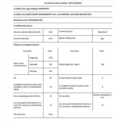 Whirlpool WHSD18A011B2 beépíthető egyajtós hűtő