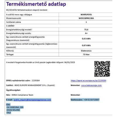 Whirlpool WOI5S8PPM1SBA beépíthető sütő, Pirolitikus tisztítás, A+” energiaosztály