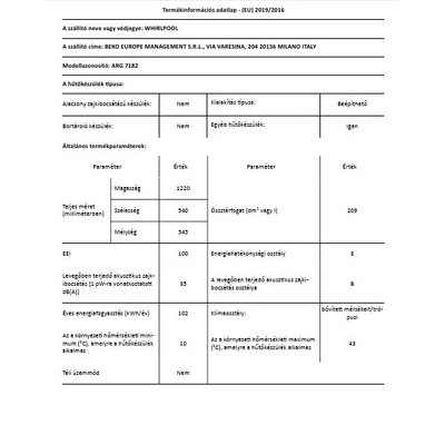 Whirlpool ARG7182  egyajtós beépíthető hűtőszekrény 122cm