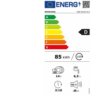 Whirlpool WIO 3C33 E 6.5 beépíthető mosogatógép, D energiaosztály, 14 teríték